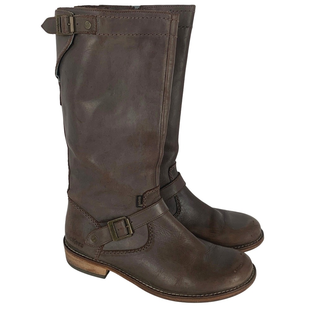 KICKERS Tall Leather Moto Buckle Boots Women's Sz 38 Brown AA0617 Zip Fall